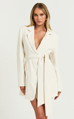 Mhina Mini Dress - Waist Tie Blazer Dress in Stone