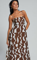 Elisabetta Midi Dress - Empire Waist A Line Dress in Chocolate Mono Wave