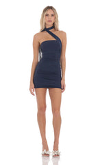 Mesh Scarf Halter Bodycon Dress in Navy