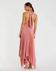 Pleated Halter Neck Asymmetrical Hem Gown