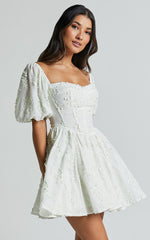 Esthela Mini Dress - Embroidered Square Neck Short Puff Sleeve Corset in Pale Mint