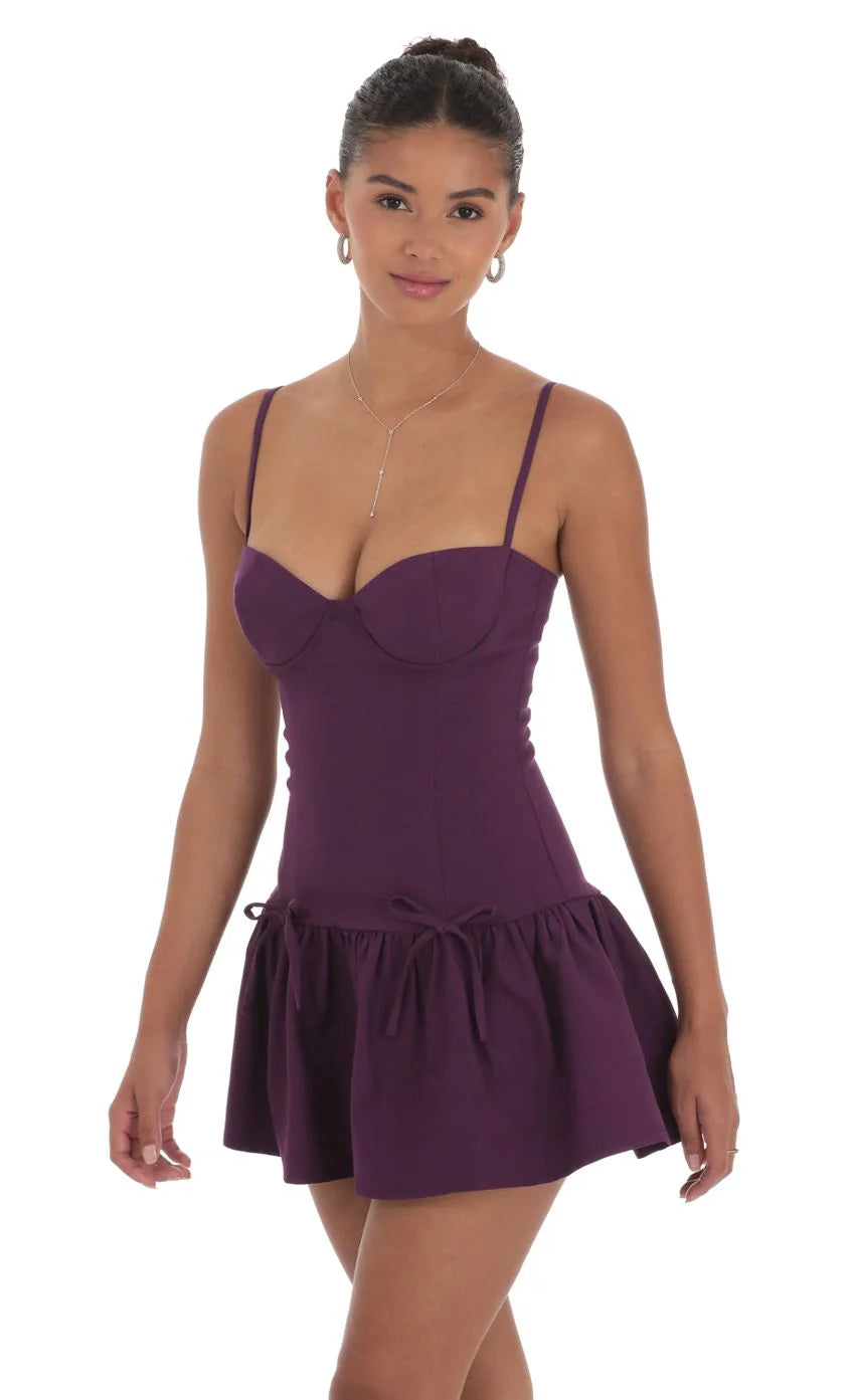 Double Bow Drop Waist Dress in Purple