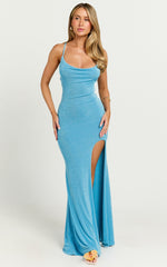 Porsha Maxi Dress - Cowl Neck Tie Back Dress in Blue