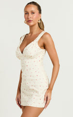 Amalea Mini Dress - Wide Strap Ruched Bust Dress in Lemon Floral