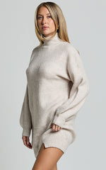 Tianna Mini Dress - Knitted Side Split Jumper Dress in Beige Marl