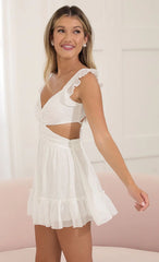 Chiffon Striped Foil Ruffle Dress in White