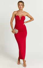 Gianni Maxi Dress - Plunge Ruched Mesh Column Dress in Red