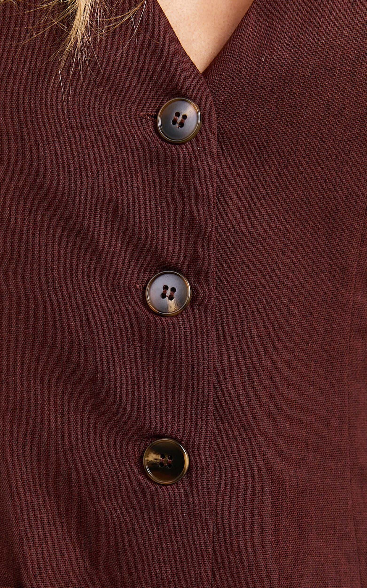 Kyla Mini Dress - V Neck Button Up Linen Vest Dress in Chocolate