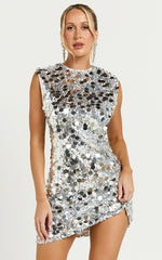 Tracy Mini Dress - Disc Sequin Shift Dress in Silver