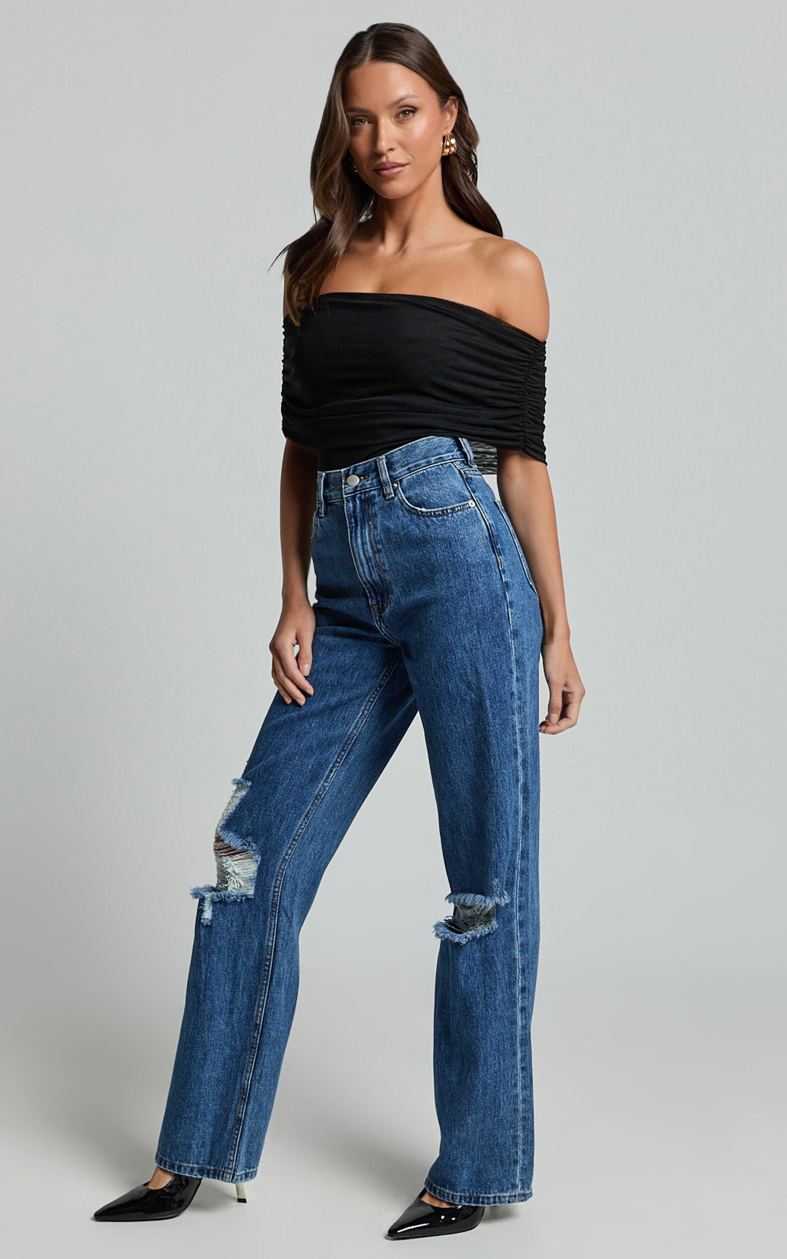 Miho Jeans - High Waisted Recycled Cotton Distressed Straight Leg Denim Jeans in Dark Blue Wash