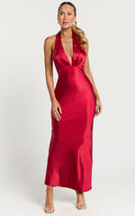 Prima Maxi Dress - Plunge Satin Dress in Red