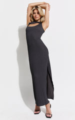 Pia Midi Dress - Twist Neck Cut Out Bodycon Dress in Charcoal