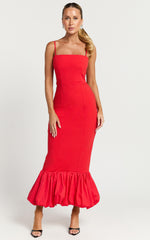 Yvonne Midi Dress - Straight Neck Fit and Flare Dress in Red