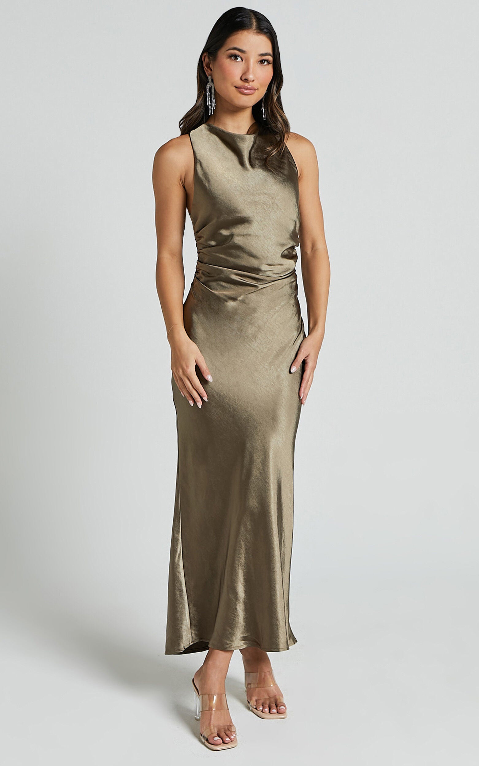 Aluna Midi Dress - High Neck Cross Back Satin Slip Dress in Olive