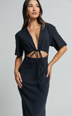 Sharon Midi Dress - Plunge Neck Short Sleeve Front Cut Out Dress in Black
