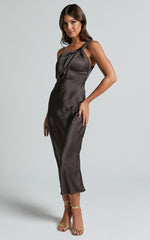 Aria Midi Dress - One Shoulder Twist Detail Satin Bias Cut Dress in Espresso