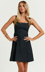 Rhaziya Mini Dress - Sleeveless Straight Neck Fit and Flare Dress in Black