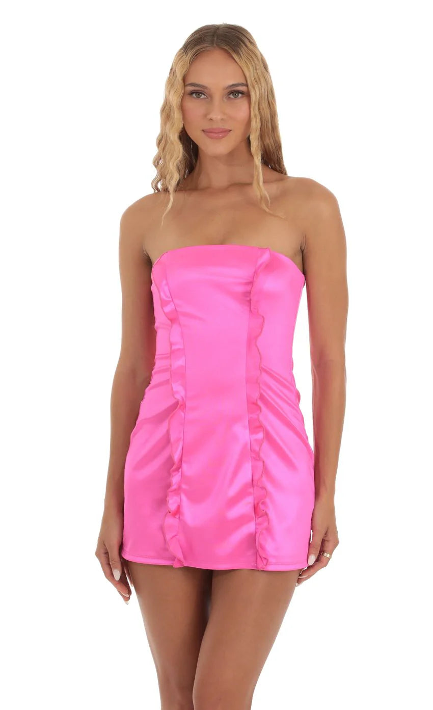 Double Ruffle Strapless Dress in Hot Pink