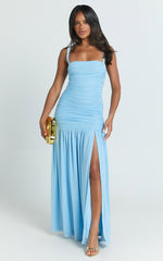 Cardi Maxi Dress - Ruched Mesh High Leg Split Dress in Light Blue