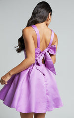 Stephanie Mini Dress - Satin Square Neck Tie Back Dress in Orchid
