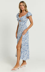 Sally Midi Dress - Flutter Sleeve Cut Out Thigh Split Dress in Blue Floral