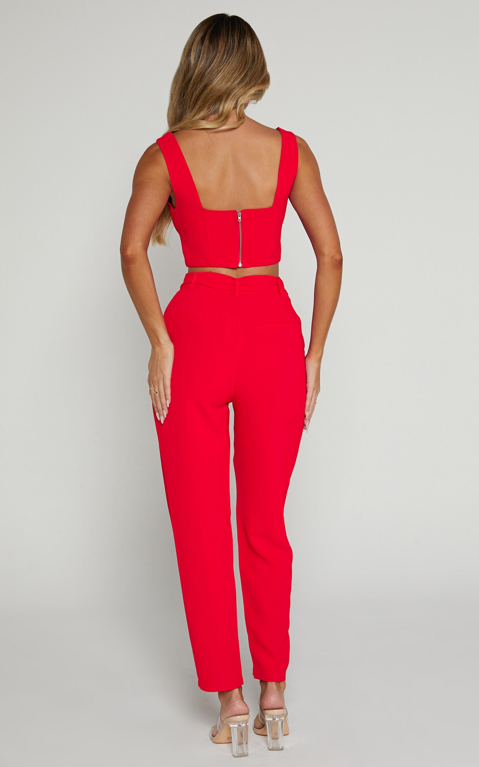 Reyna Two Piece Set - Crop Top and Tailored Pants Set in Red