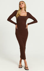 Lucy Midi Dress - Ribbed Side Ruched Bodycon Dress in Espresso