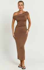 Yolanda Midi Dress - Off Shoulder Ruched Side Jersey Dress in Mocha