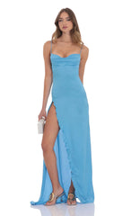 Cowl Neck Satin Open Back Maxi Dress in Light Blue