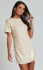 Drea Mini Dress - Short Sleeve Low Back Sequin Dress in Cream