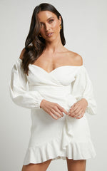 Cant Move On Off Shoulder Mini Linen Dress in White Linen Look