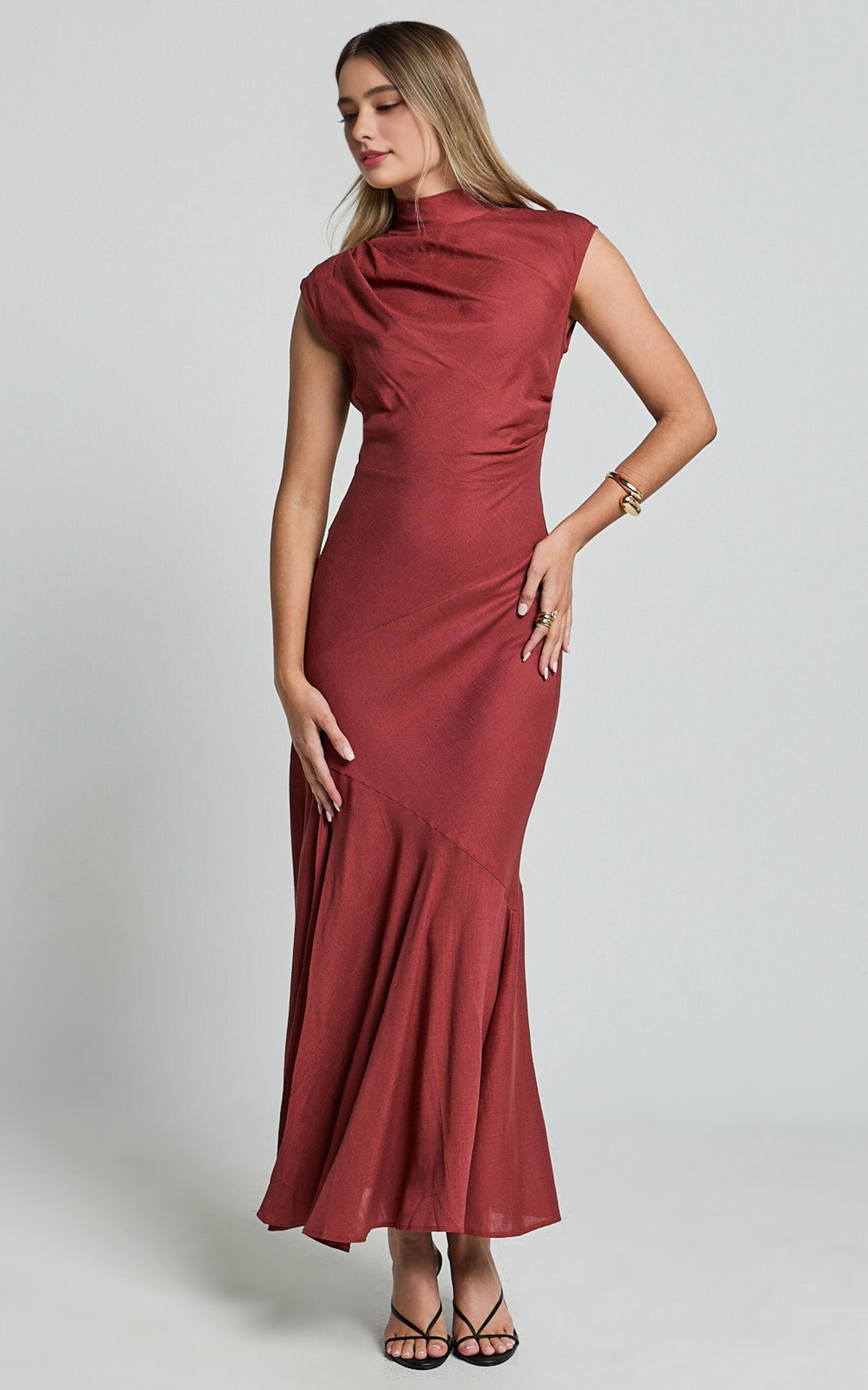 Elegant Linen Maxi Dress - High Neck Thigh Slit Slip Dress in Rust