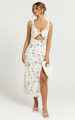 Nicola Midi Linen Dress - Strappy Front Twist Cut Out Column Dress in Soleil Print
