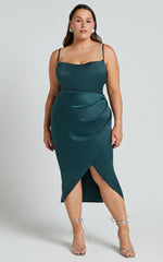 Dazzling Lights Midi Dress - Cowl Neck Draped Dress in Emerald Satin