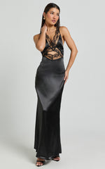 Alysia Maxi Dress - V Neck Lace Detail Slip Dress in Black