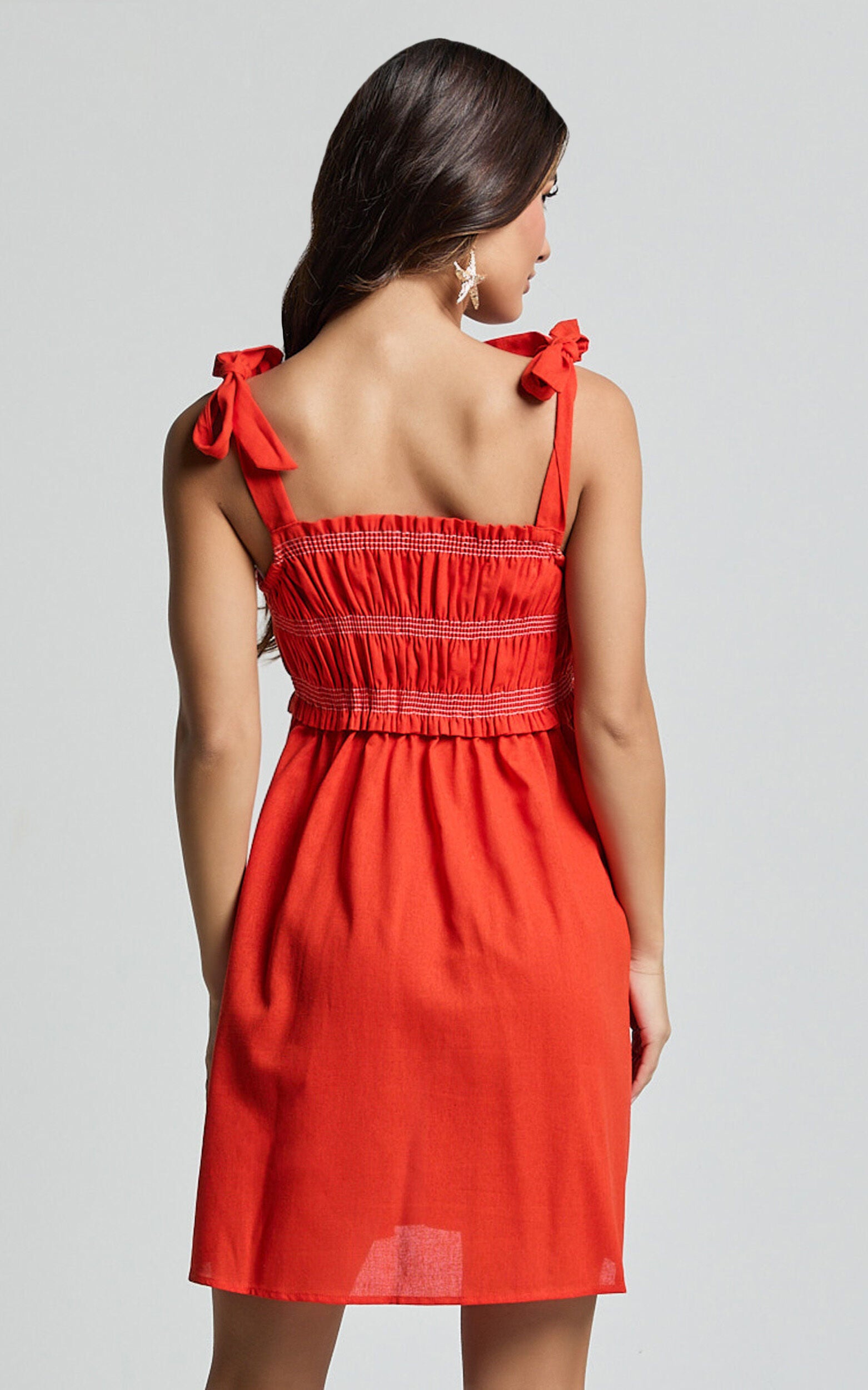 Cloe Mini Dress - Linen Tie Shoulder Shirred Dress in Red