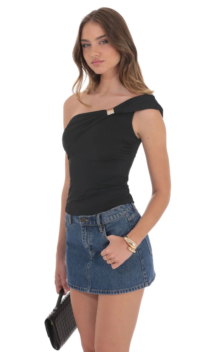 Embellished Capped One Shoulder Top in Black