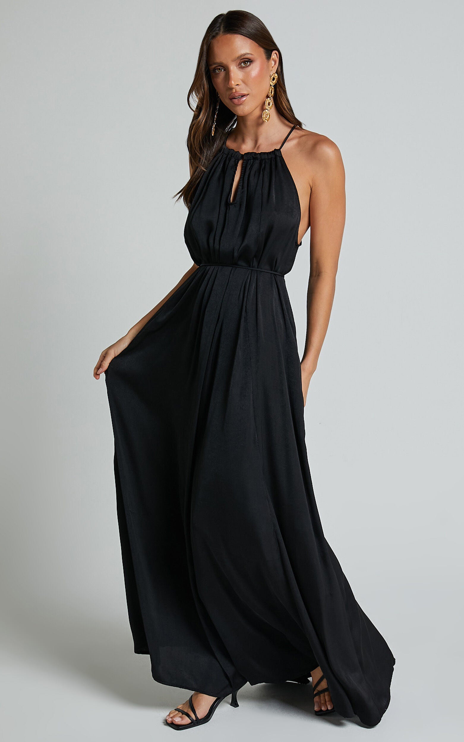 Aliciana Maxi Dress - Halter Neck Tie Back Dress in Black