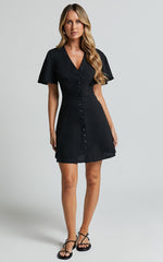 Sahar Mini Dress - Flutter Sleeve Button Through Dress in Black