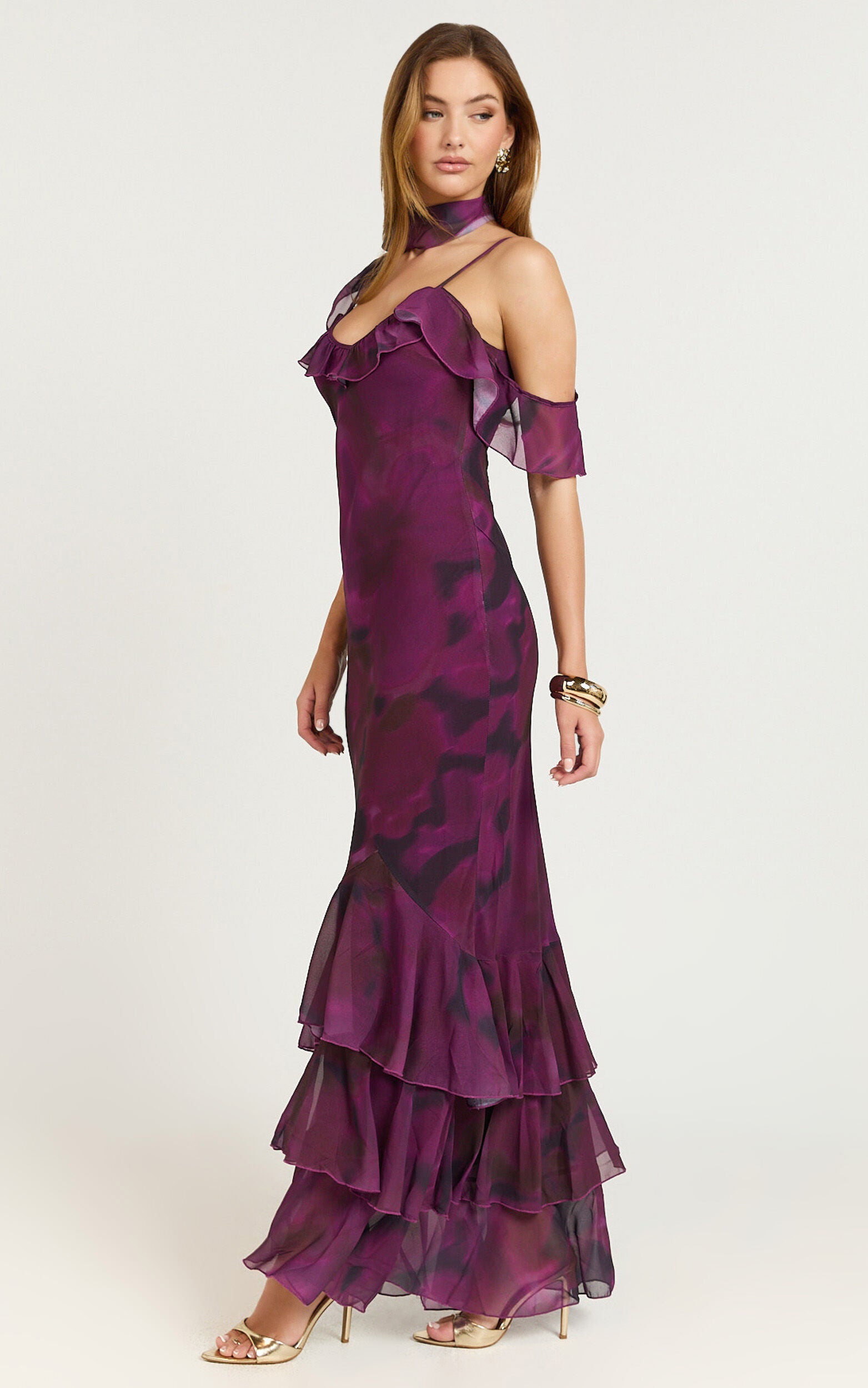 Riley Maxi Dress - Asymmetric Ruffle Detail Maxi Dress in Royal Adeana