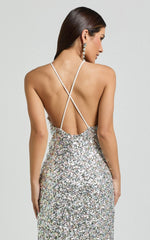 Frieda Maxi Dress - Halter Neck Cross Back Sequin Dress in Rainbow Silver