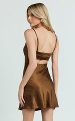 Mikaila Mini Dress - Cut Out Back Satin Slip Dress in Chocolate