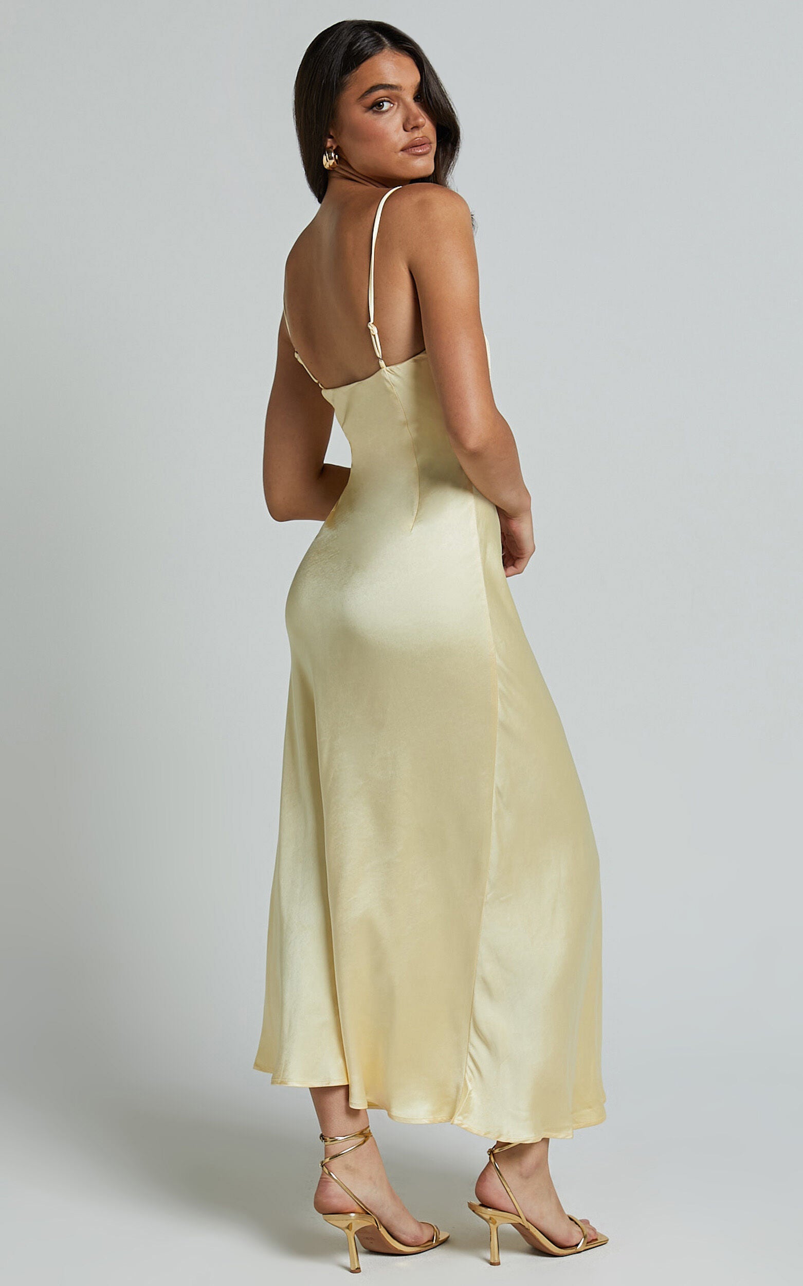 Lorenzia Maxi Dress - Plunge Corset Underbust Detail Satin Dress in Lemon
