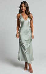 Khalani Midi Dress - Deep V Neck Satin Slip Dress in Sage