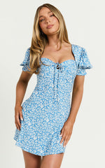 Jacky Mini Dress - Sweetheart Puff Sleeve Mini Dress in Blue Floral