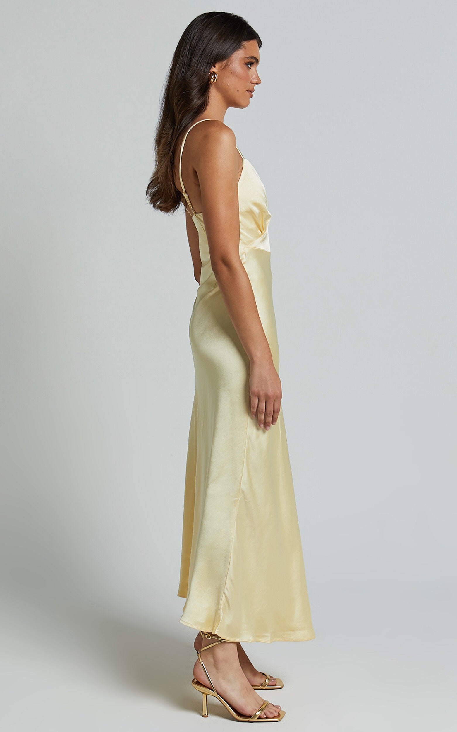 Lorenzia Maxi Dress - Plunge Corset Underbust Detail Satin Dress in Lemon