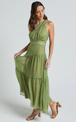Edeline Midi Dress - One Shoulder Twist Tiered Dress in Olive