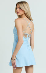 Laura Mini Linen Dress - Strappy V Neck Slip Dress in Light Blue
