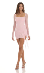 Mesh Long Sleeve Tassel Dress in Pink