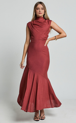 Elegant Linen Maxi Dress - High Neck Thigh Slit Slip Dress in Rust